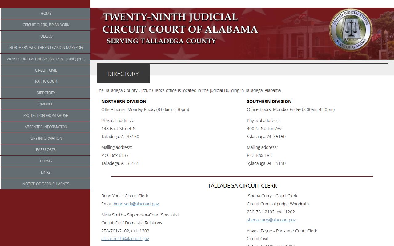 Talladega County Circuit Clerk directory and division contacts
