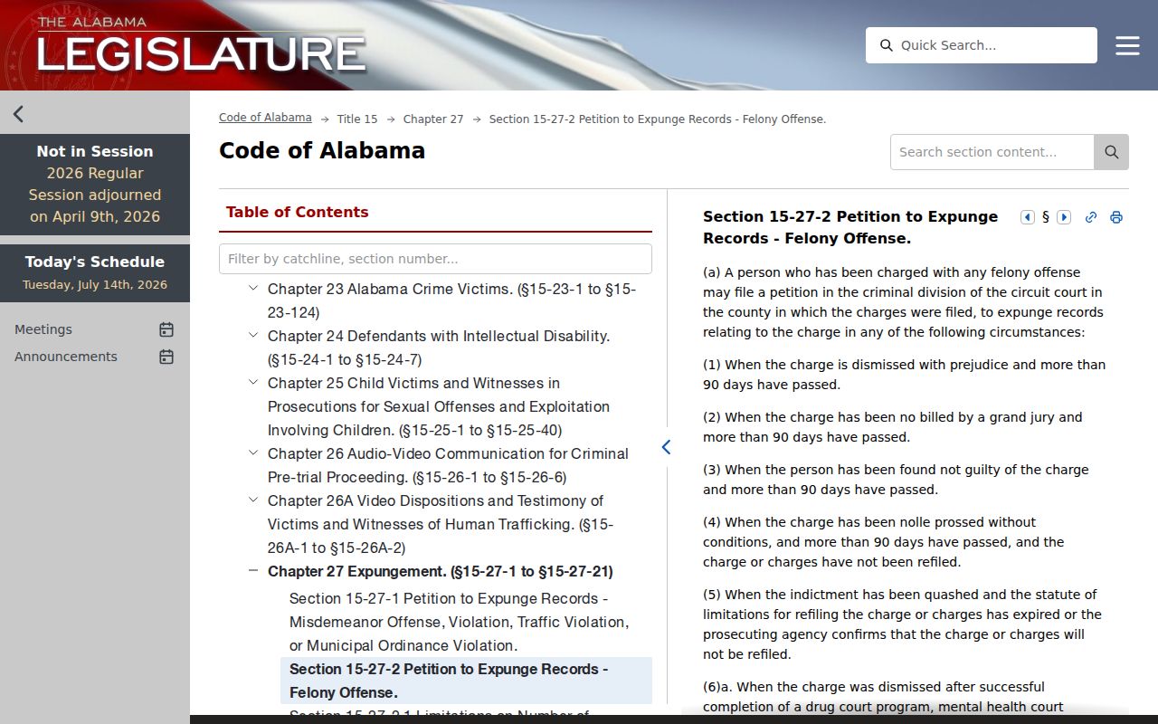 Talladega County criminal court records felony expungement law