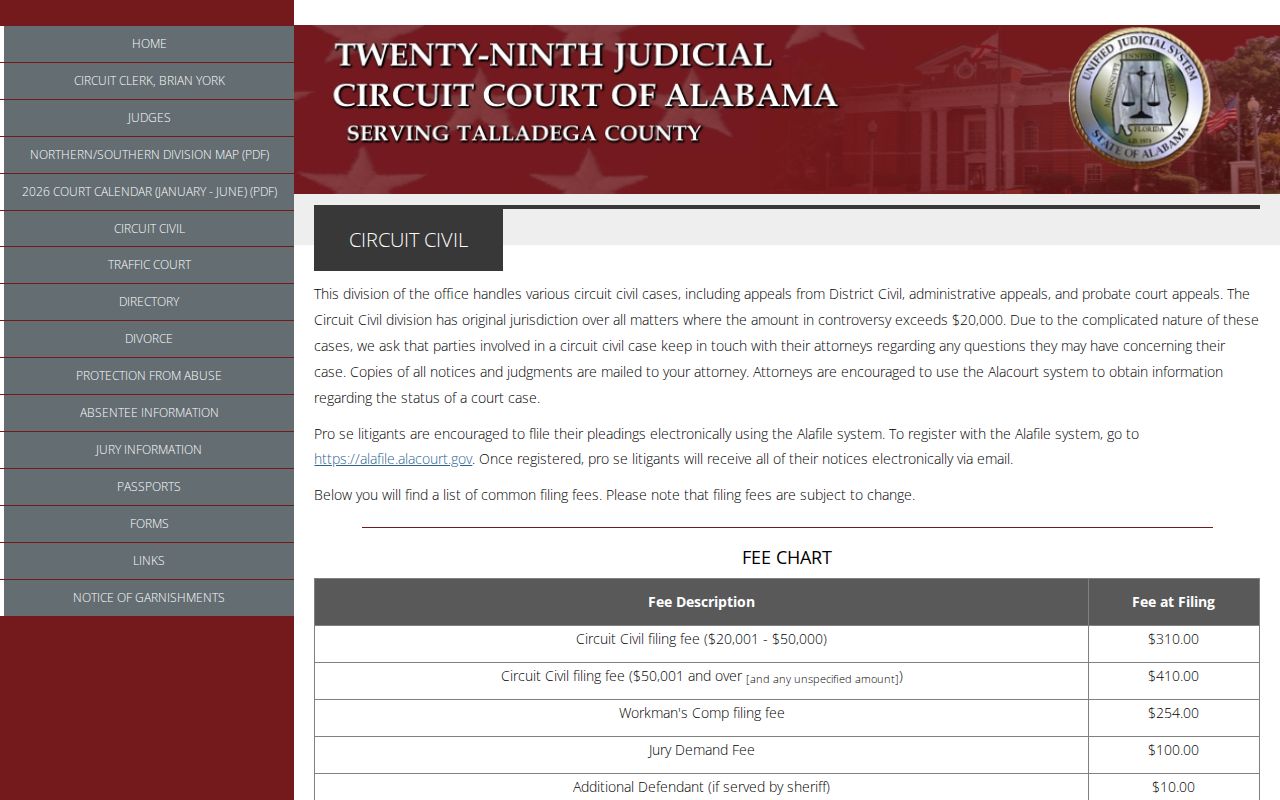 Talladega County Circuit Court civil division and fees
