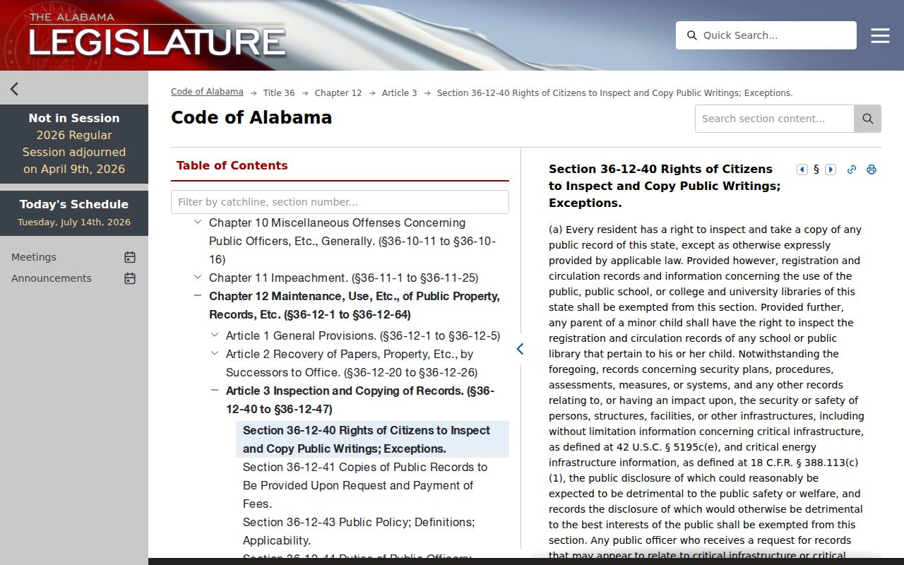 Talladega County Court public records inspection law