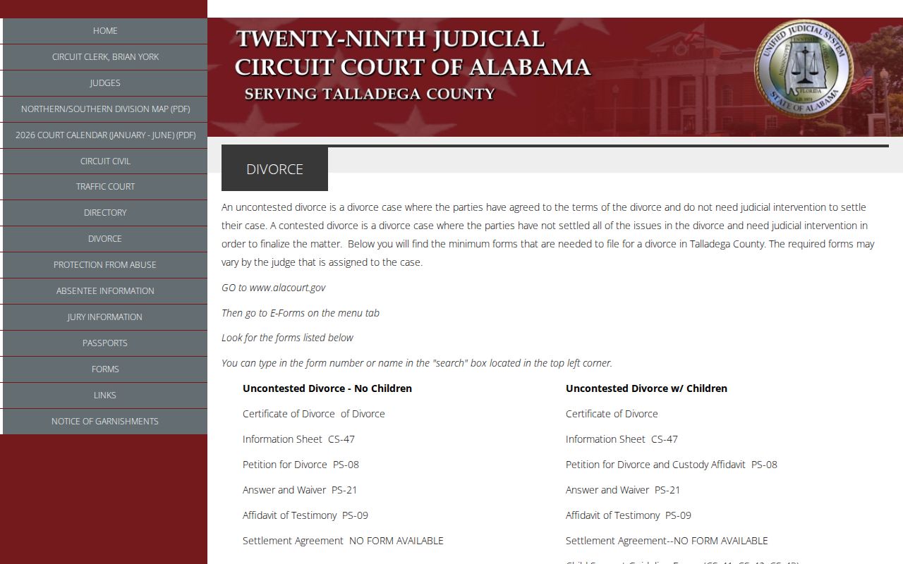 Talladega County marriage and divorce records divorce forms and copy instructions