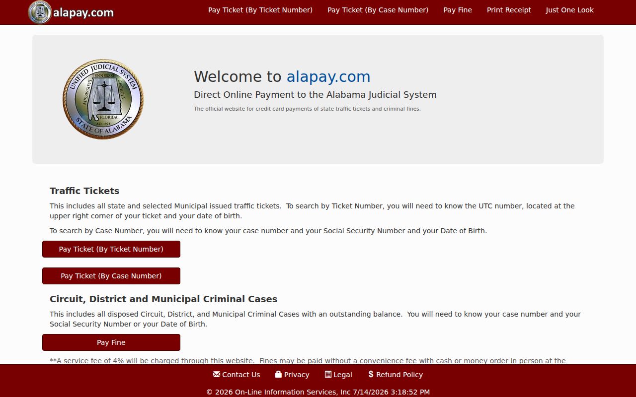 Talladega County traffic court records AlaPay payment portal